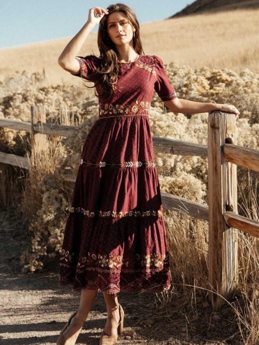 Böhme Burgundy Spanish Embroidered Cotton Short Sleeve Tiered Maxi Dress Size S